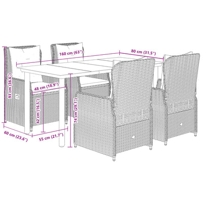 5 Piece Garden Dining Set with Cushions Grey Poly Rattan