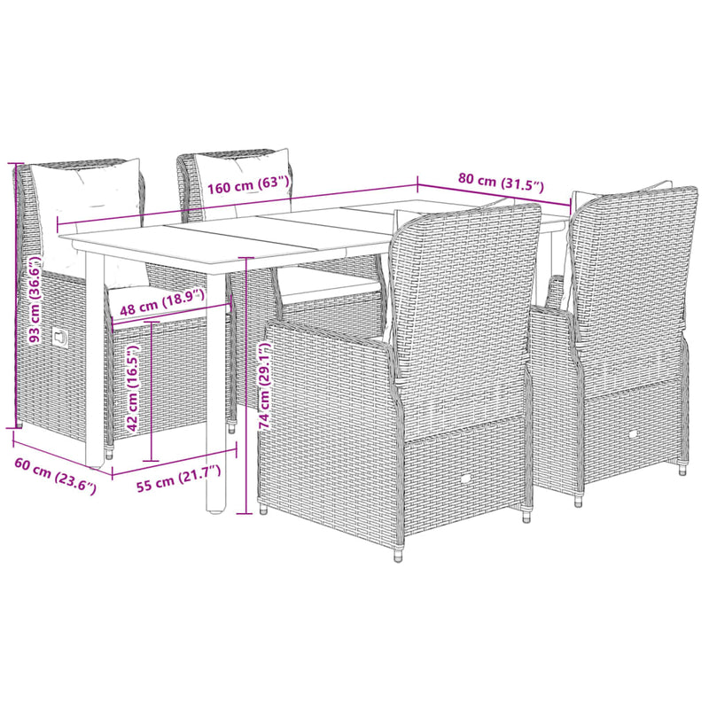 5 Piece Garden Dining Set with Cushions Grey Poly Rattan