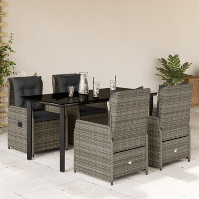 5 Piece Garden Dining Set with Cushions Grey Poly Rattan