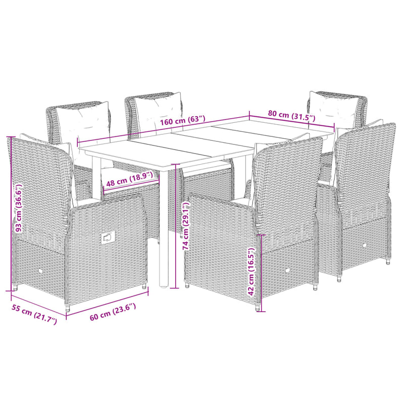 7 Piece Garden Dining Set with Cushions Grey Poly Rattan