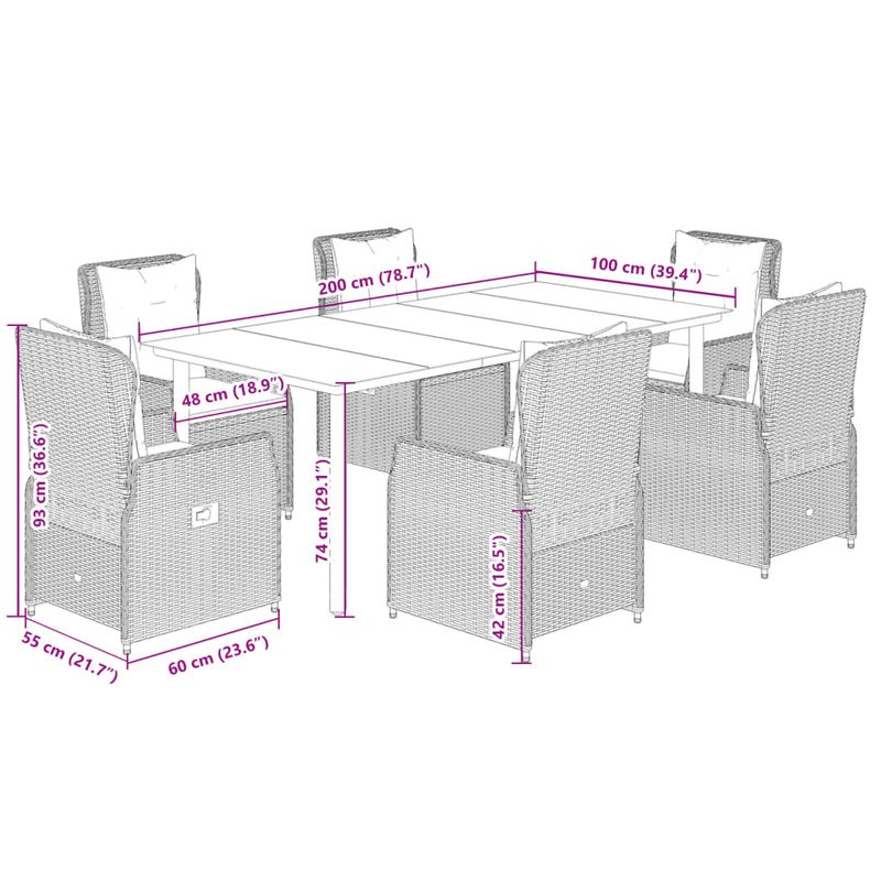 7 Piece Garden Dining Set with Cushions Grey Poly Rattan