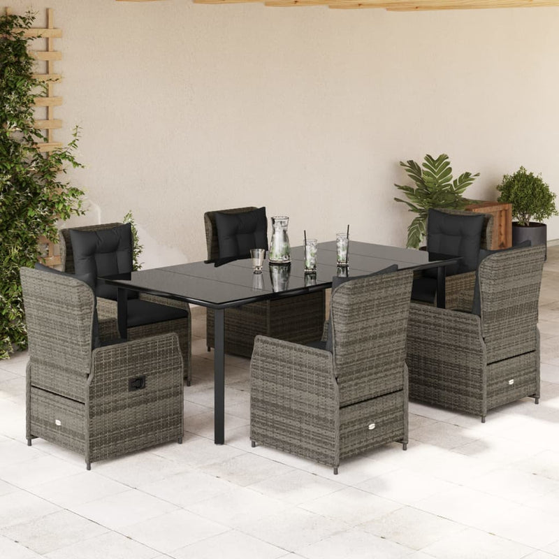 7 Piece Garden Dining Set with Cushions Grey Poly Rattan