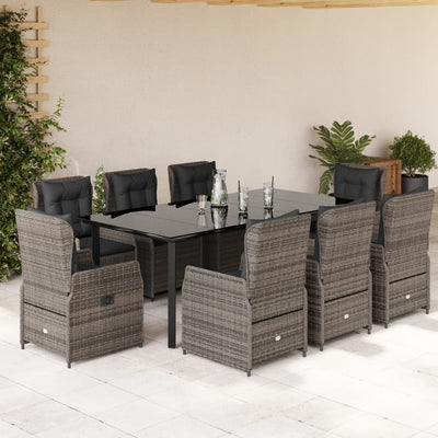 9 Piece Garden Dining Set with Cushions Grey Poly Rattan