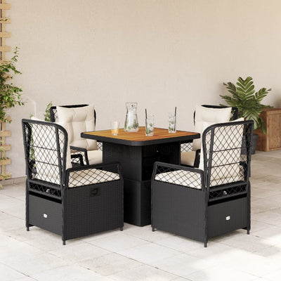 5 Piece Garden Dining Set with Cushions Black Poly Rattan