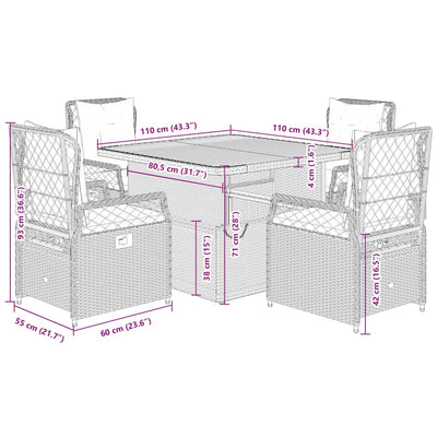 5 Piece Garden Dining Set with Cushions Black Poly Rattan