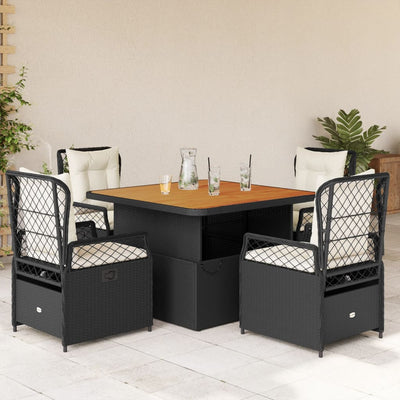 5 Piece Garden Dining Set with Cushions Black Poly Rattan