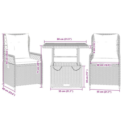 3 Piece Garden Dining Set with Cushions Grey Poly Rattan