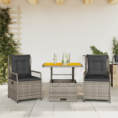 3 Piece Garden Dining Set with Cushions Grey Poly Rattan