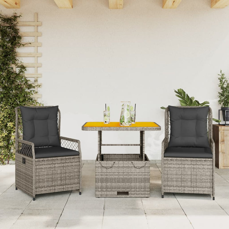 3 Piece Garden Dining Set with Cushions Grey Poly Rattan