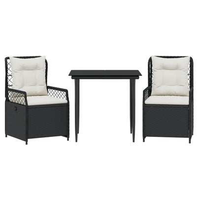 3 Piece Garden Dining Set with Cushions Black Poly Rattan