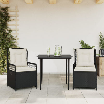 3 Piece Garden Dining Set with Cushions Black Poly Rattan