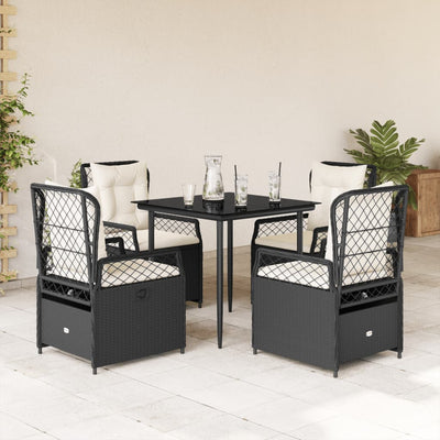 5 Piece Garden Dining Set with Cushions Black Poly Rattan