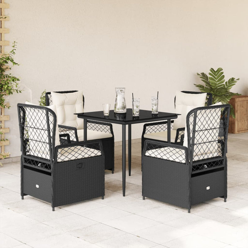 5 Piece Garden Dining Set with Cushions Black Poly Rattan