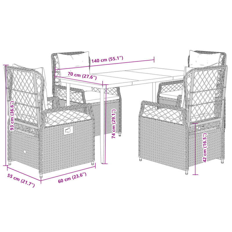 5 Piece Garden Dining Set with Cushions Black Poly Rattan