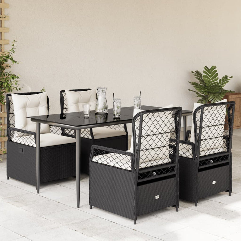 5 Piece Garden Dining Set with Cushions Black Poly Rattan