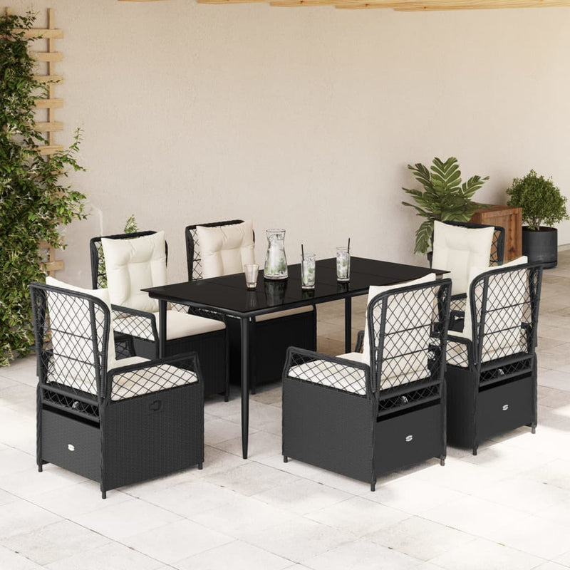 7 Piece Garden Dining Set with Cushions Black Poly Rattan