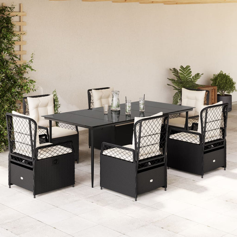 7 Piece Garden Dining Set with Cushions Black Poly Rattan