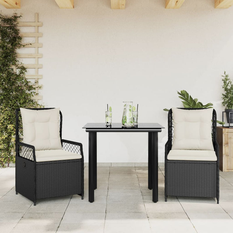 3 Piece Garden Dining Set with Cushions Black Poly Rattan