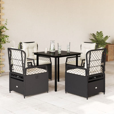 5 Piece Garden Dining Set with Cushions Black Poly Rattan