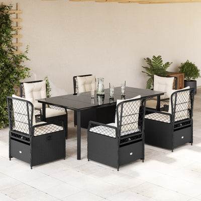 7 Piece Garden Dining Set with Cushions Black Poly Rattan