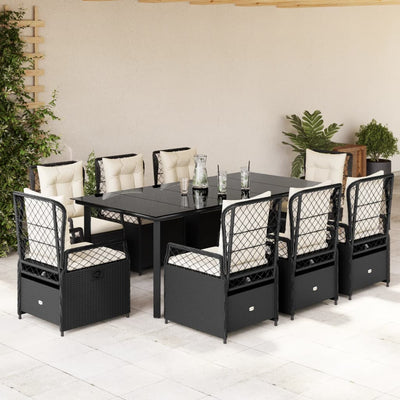 9 Piece Garden Dining Set with Cushions Black Poly Rattan