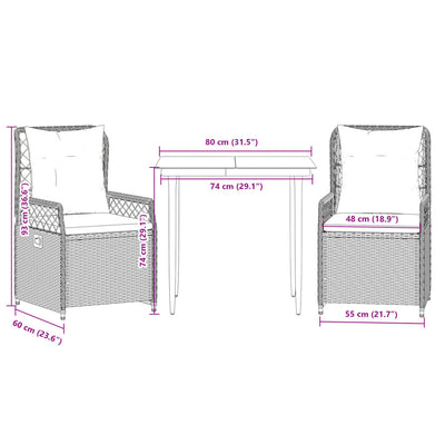 3 Piece Garden Dining Set with Cushions Grey Poly Rattan