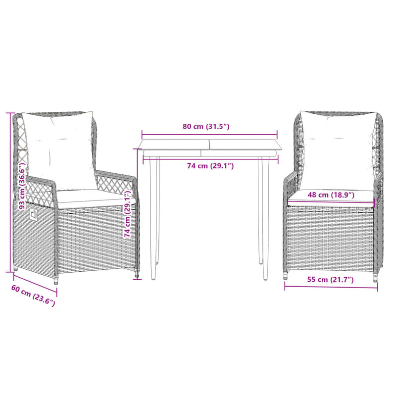 3 Piece Garden Dining Set with Cushions Grey Poly Rattan