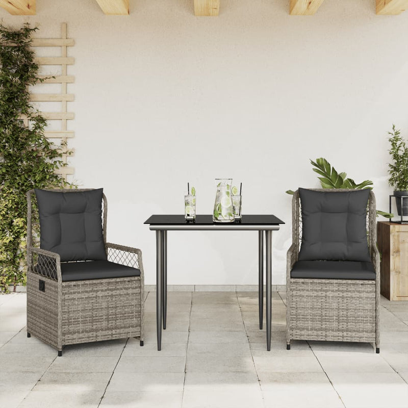 3 Piece Garden Dining Set with Cushions Grey Poly Rattan