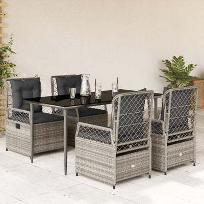 5 Piece Garden Dining Set with Cushions Grey Poly Rattan