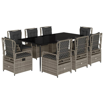 9 Piece Garden Dining Set with Cushions Grey Poly Rattan