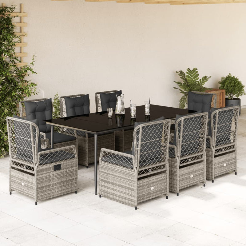 9 Piece Garden Dining Set with Cushions Grey Poly Rattan