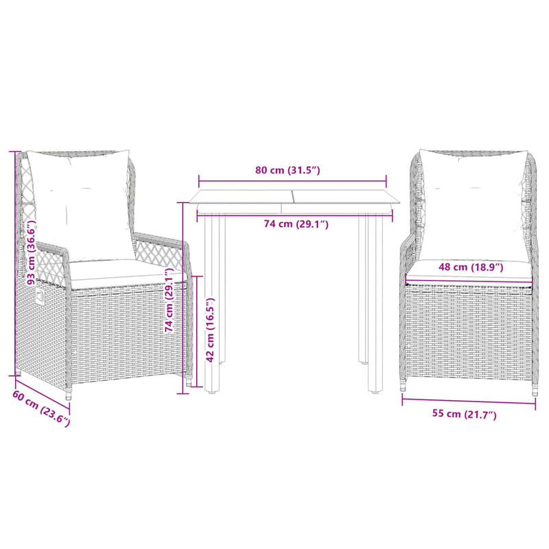 3 Piece Garden Dining Set with Cushions Grey Poly Rattan