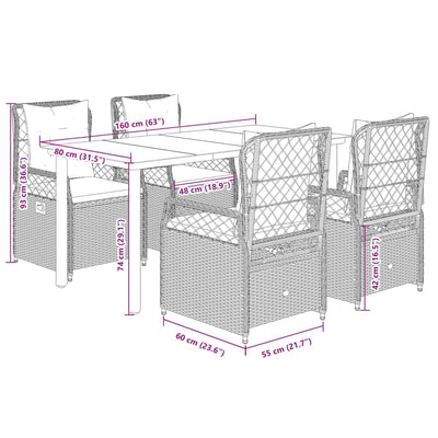 5 Piece Garden Dining Set with Cushions Grey Poly Rattan