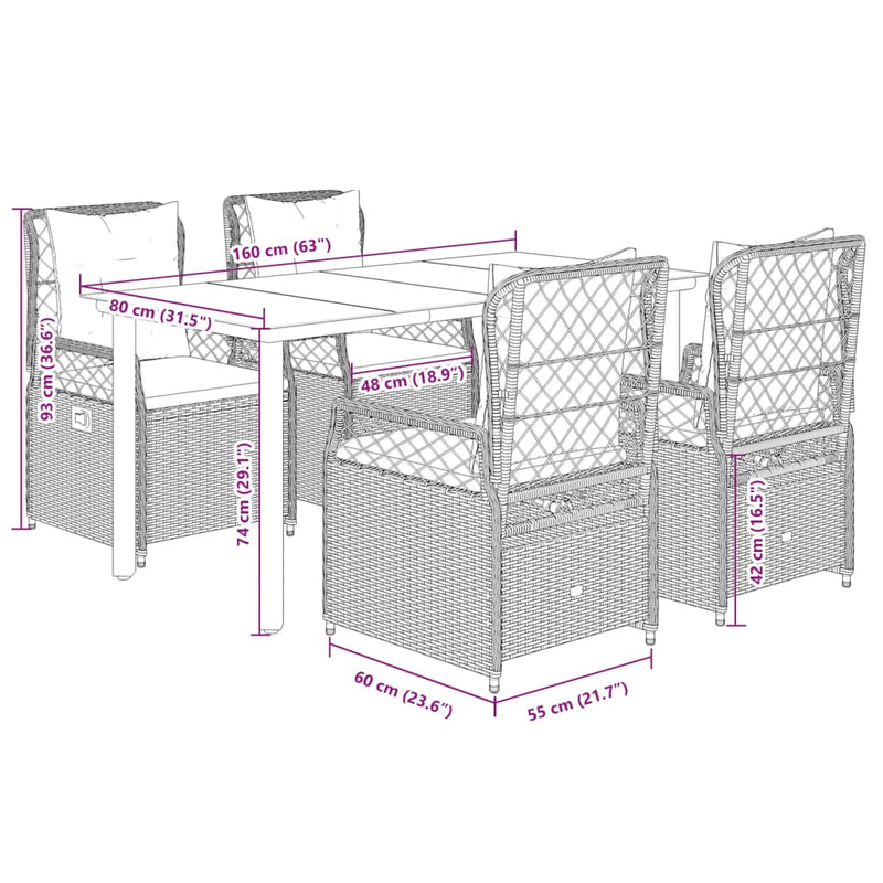 5 Piece Garden Dining Set with Cushions Grey Poly Rattan