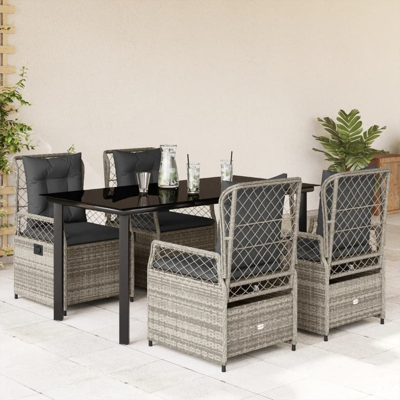 5 Piece Garden Dining Set with Cushions Grey Poly Rattan