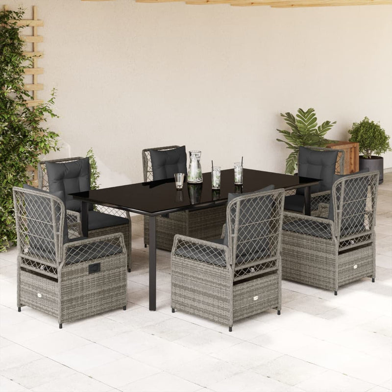 7 Piece Garden Dining Set with Cushions Grey Poly Rattan