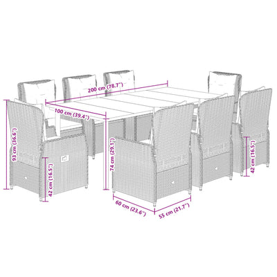 9 Piece Garden Dining Set with Cushions Grey Poly Rattan