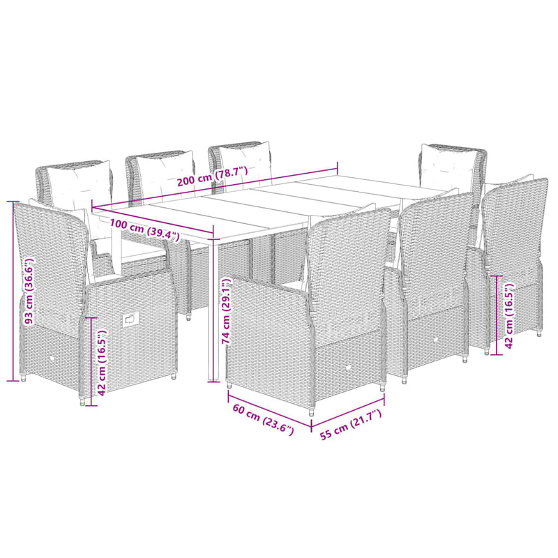 9 Piece Garden Dining Set with Cushions Grey Poly Rattan