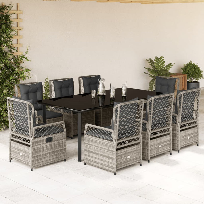 9 Piece Garden Dining Set with Cushions Grey Poly Rattan