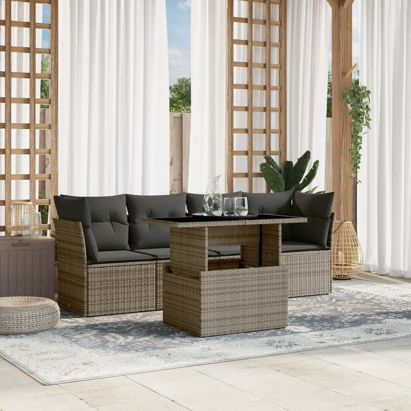 5 Piece Garden Sofa Set with Cushions Grey Poly Rattan