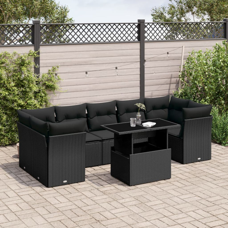 8 Piece Garden Sofa Set with Cushions Black Poly Rattan