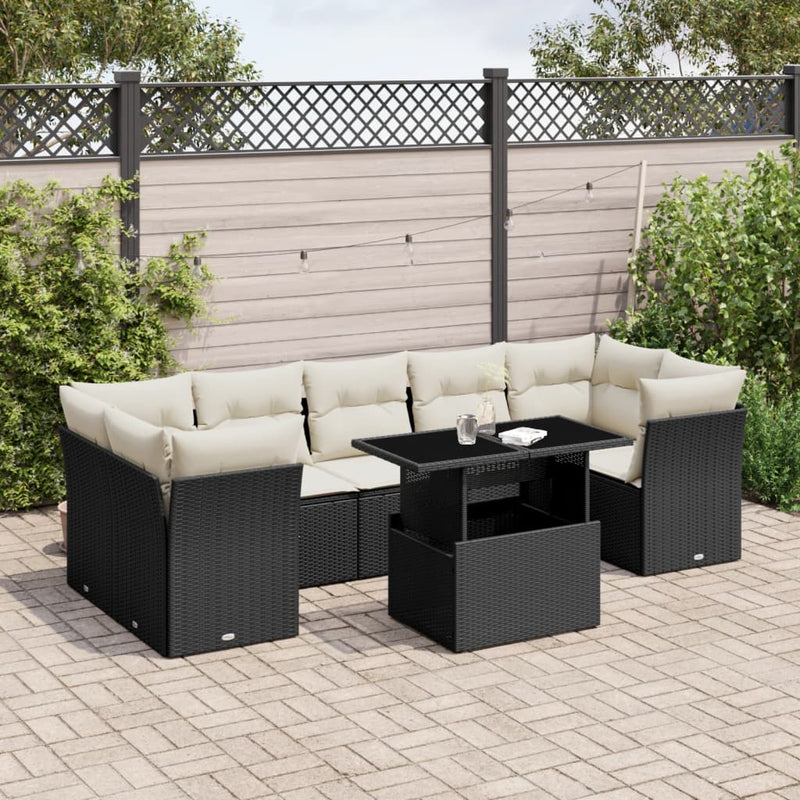 8 Piece Garden Sofa Set with Cushions Black Poly Rattan