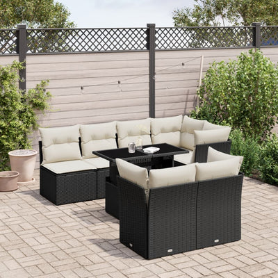 8 Piece Garden Sofa Set with Cushions Black Poly Rattan