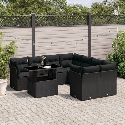 9 Piece Garden Sofa Set with Cushions Black Poly Rattan