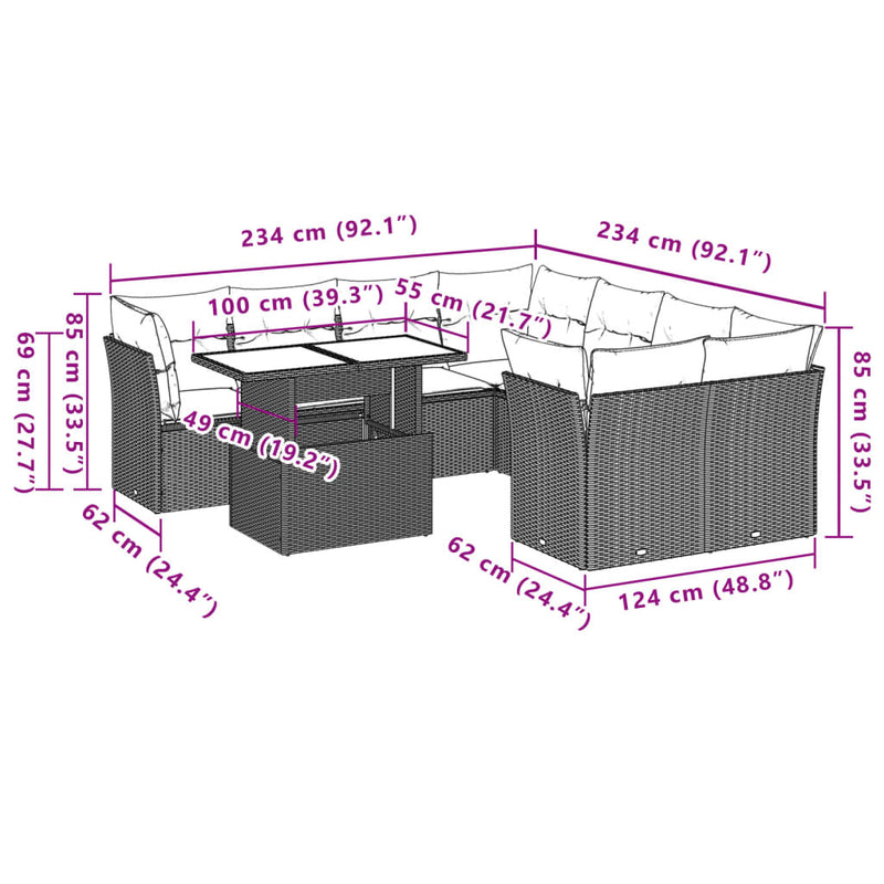 9 Piece Garden Sofa Set with Cushions Beige Poly Rattan