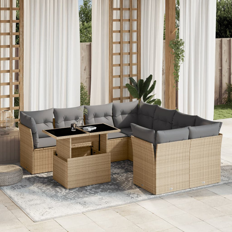 9 Piece Garden Sofa Set with Cushions Beige Poly Rattan