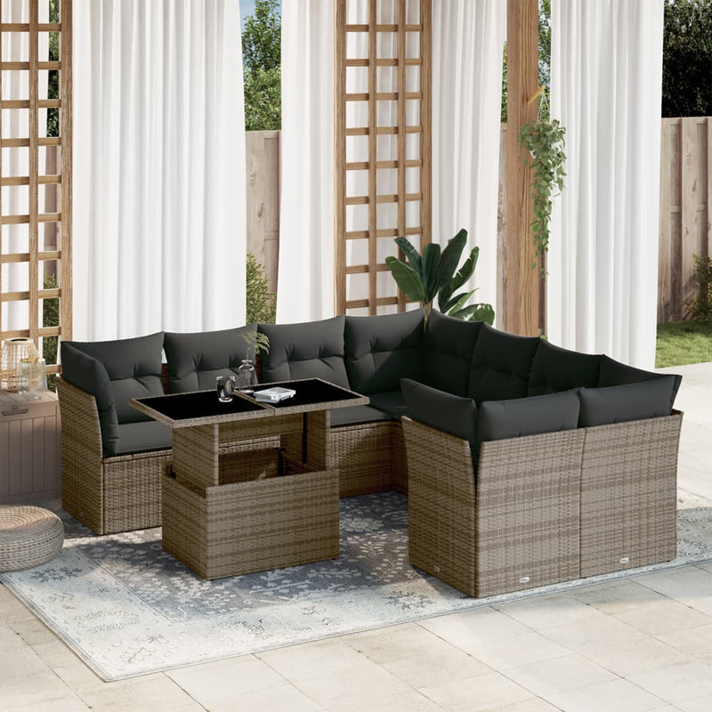 9 Piece Garden Sofa Set with Cushions Grey Poly Rattan