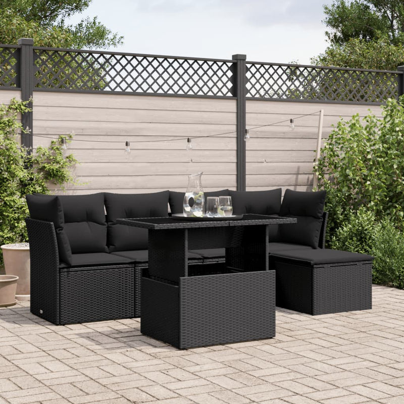 6 Piece Garden Sofa Set with Cushions Black Poly Rattan