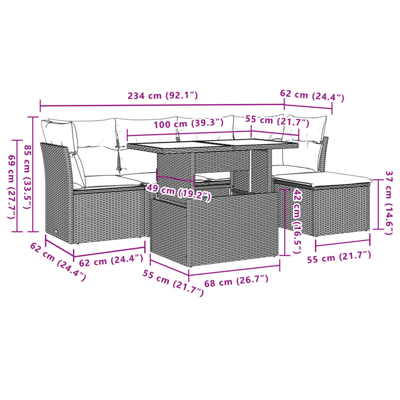 6 Piece Garden Sofa Set with Cushions Grey Poly Rattan