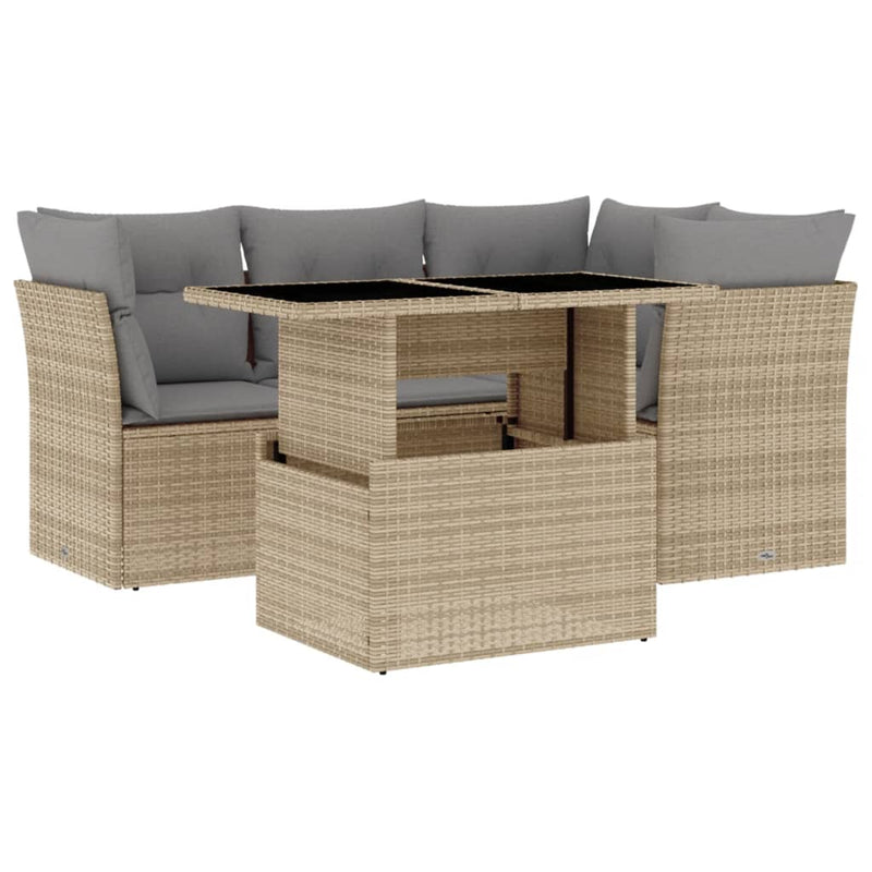 5 Piece Garden Sofa Set with Cushions Beige Poly Rattan